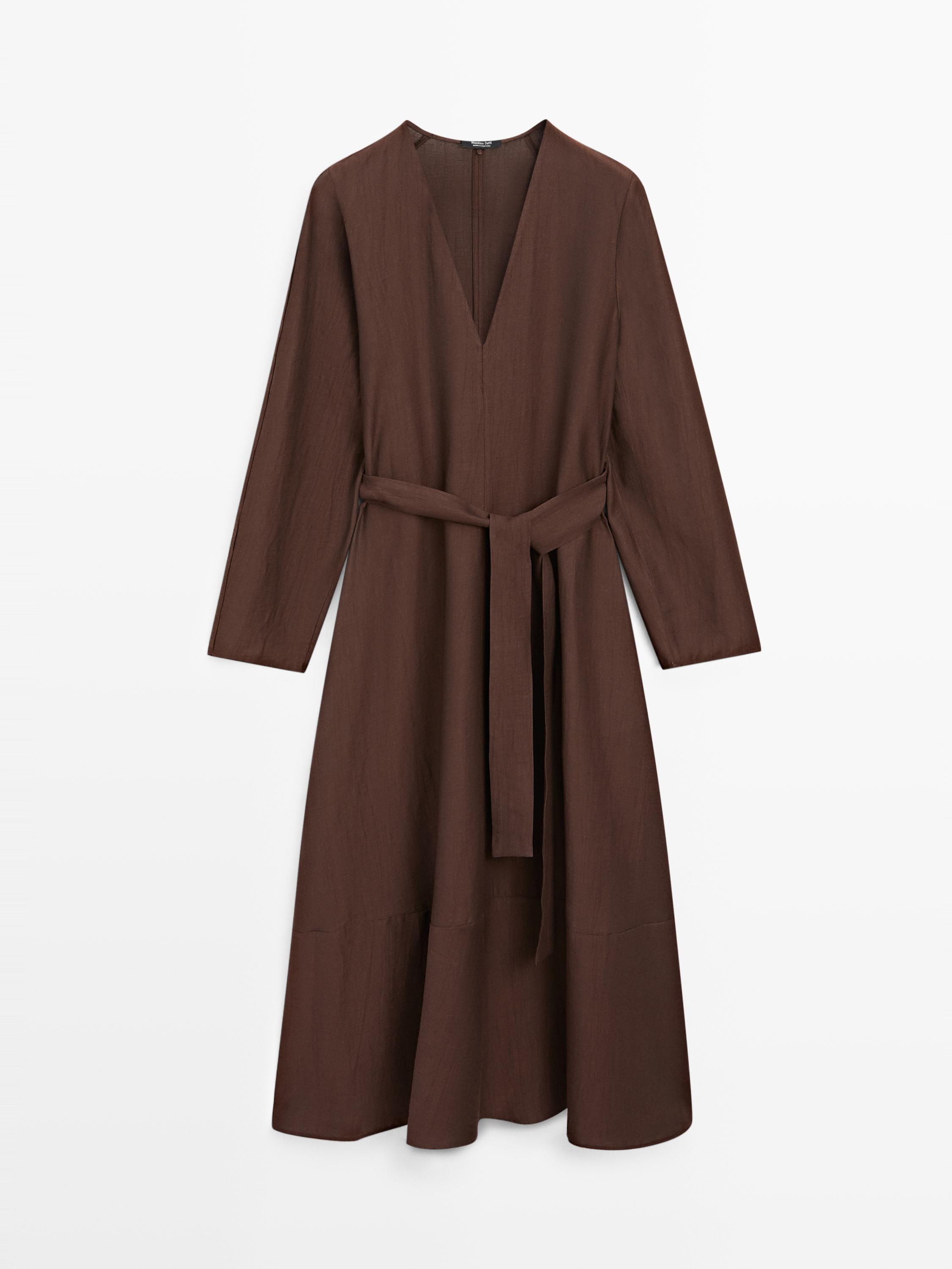 Flowing linen blend midi dress with belt